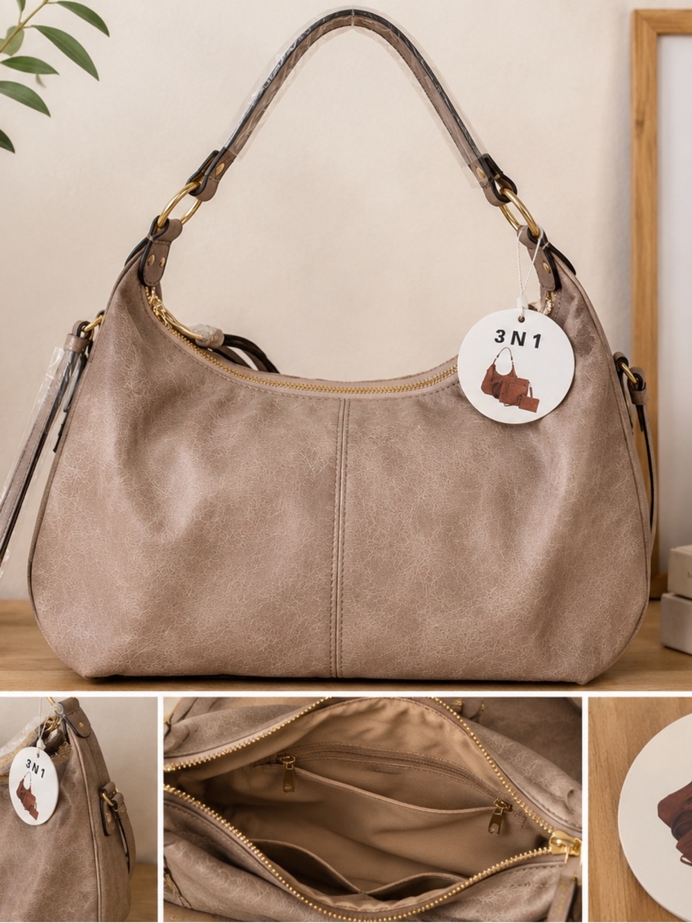 3-in-1 Taupe Hobo Shoulder Bag